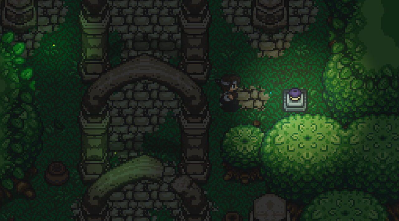 Cena de aventura 2D top-down com personagens em uma câmara de pedra iluminada