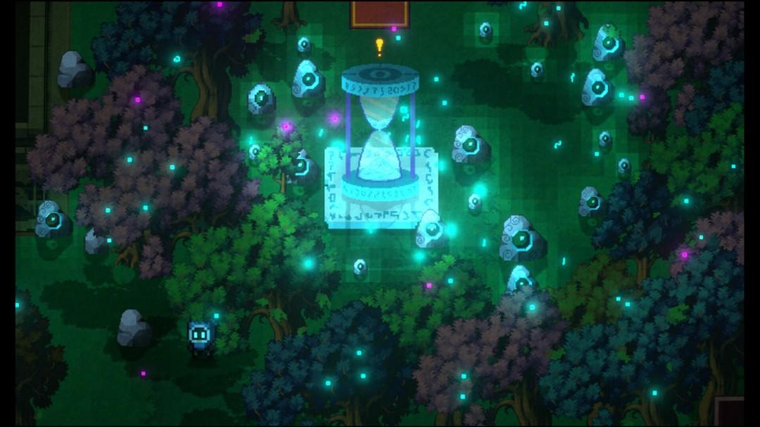 Floresta vista de cima com um artefato brilhante no centro e partículas de luz