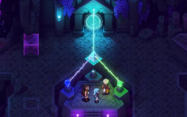Cena de jogo em pixel art com personagens diante de um enigma de cristais coloridos em um santuário