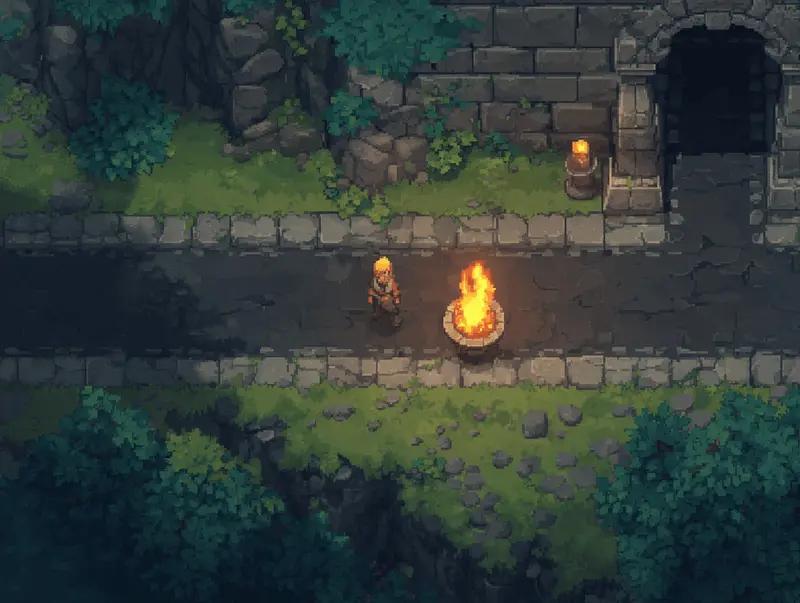 Personagem explorando um caminho de pedra entre ruínas e vegetação, com uma fogueira