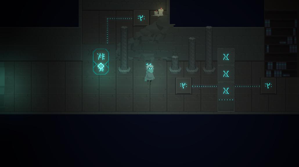 Ruína escura com inscrições cianas e uma figura exploradora, em estilo pixel art