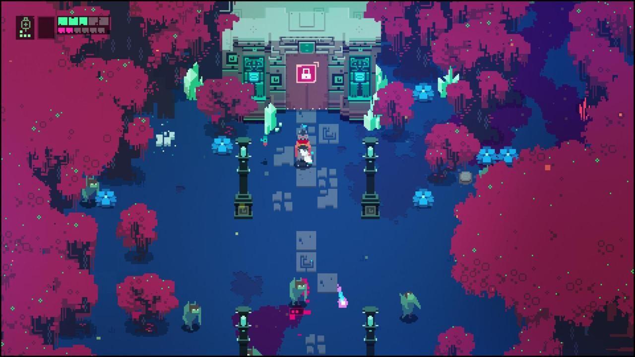 Santuário em pixel art cercado por árvores e folhagem colorida