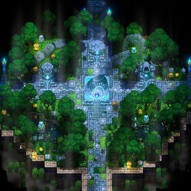 Templo antigo e caminhos de pedra cercados por vegetação em pixel art