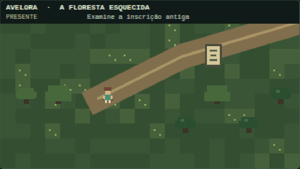 Captura da V1.0: campo verde chapado com árvores simples, trilha reta de terra e o personagem em pixels grandes