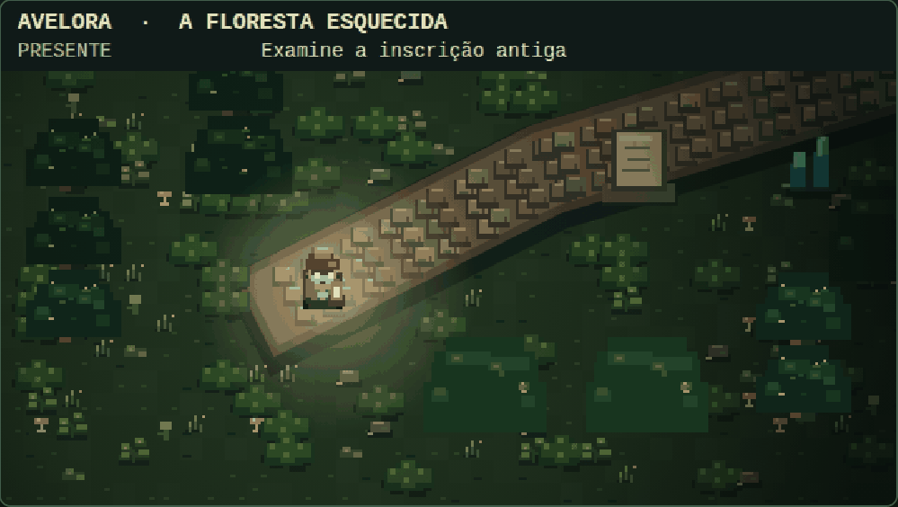 Captura da V1.2: cenário mais nítido com pedras na trilha, arbustos, cristais e árvores detalhadas