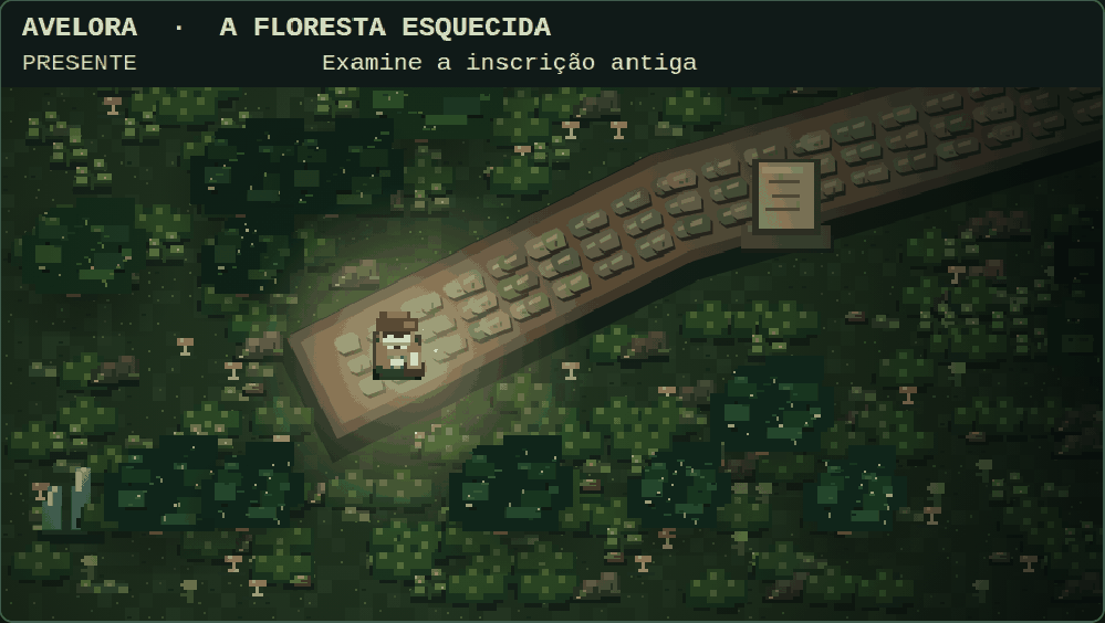Captura da V1.3: cenário denso com vegetação, rochas, trilha com lajes de pedra e iluminação da lanterna