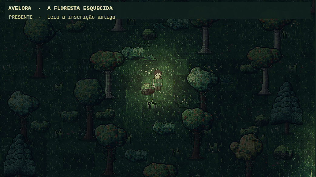 Captura da V2.0: floresta escura iluminada pela lanterna, com árvores de tronco reto e copas arredondadas