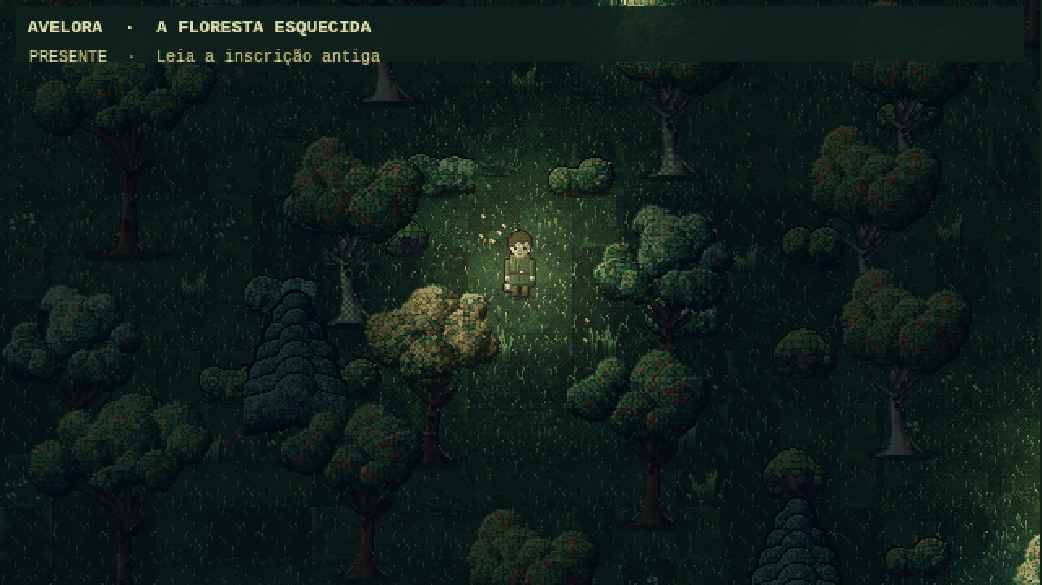Captura da V2.1: mesma área da floresta com árvores de troncos curvos, galhos e copas em lóbulos