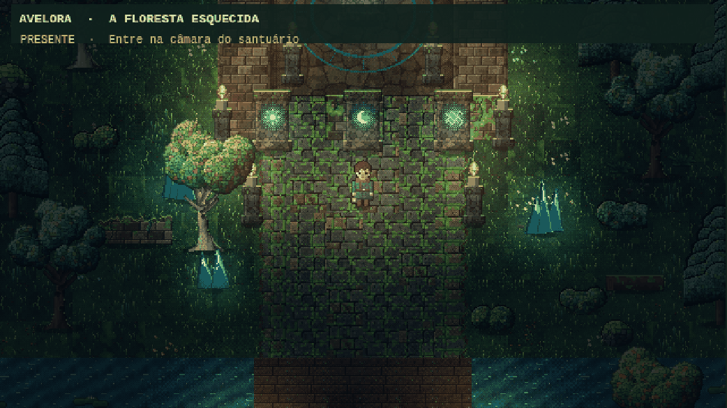 Captura da V2.2: santuário com as três runas acesas e a passagem aberta até a câmara